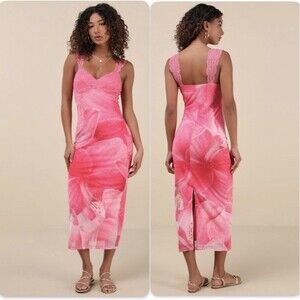 Lulus Hot Pink Floral Mesh Midi Dress NWT Size M Medium